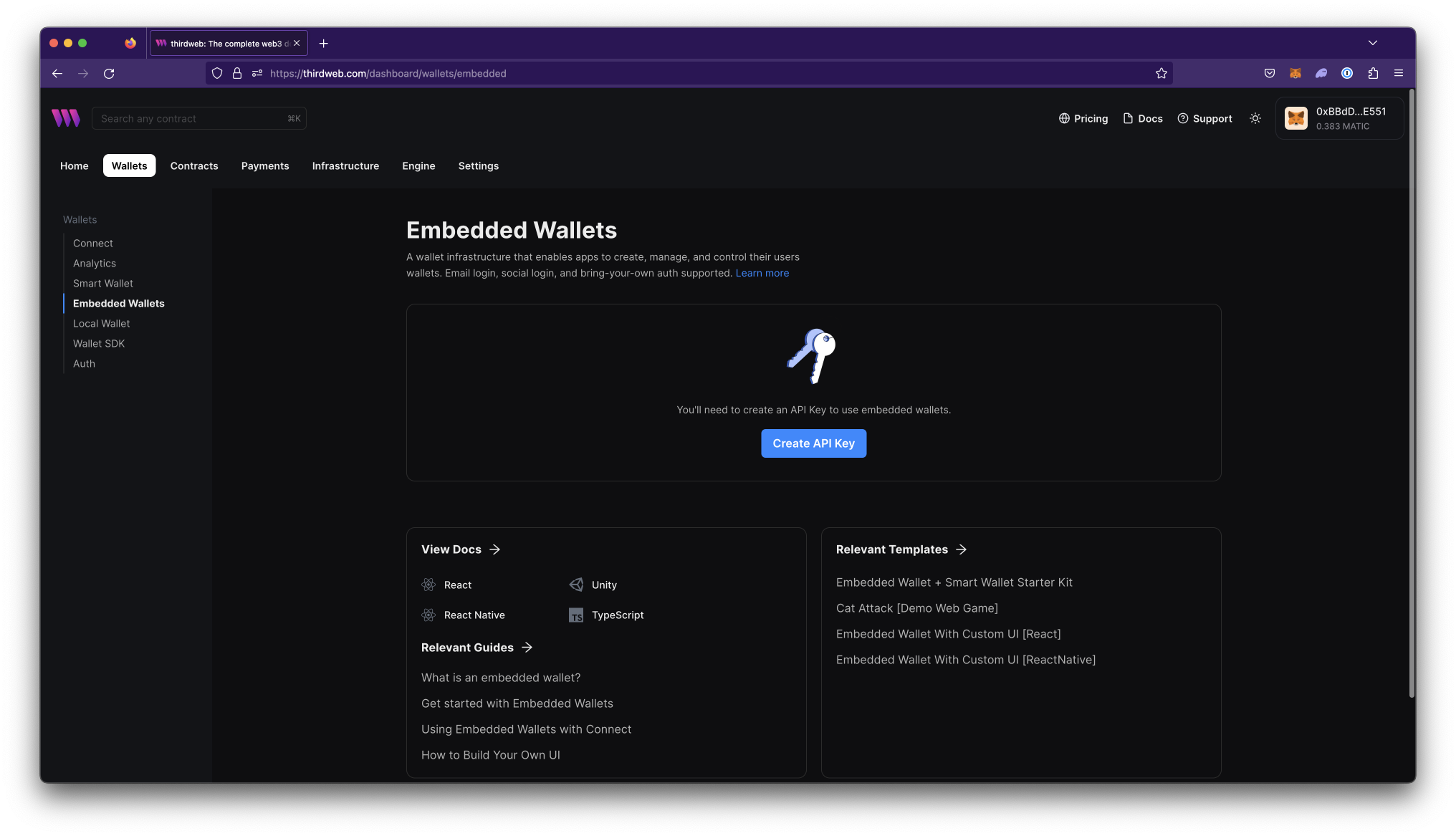 Embedded wallet dashboard with create key displayed